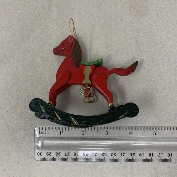 5 pc VINTAGE Christmas tree ornaments: Santa, rocking horse, and 3 round balls - Picture 8 of 17